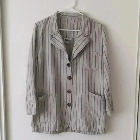 Johnny Was Tops - Vintage Women Small Johnny Was Shirt Jacket Gray Cream Striped Linen Casual